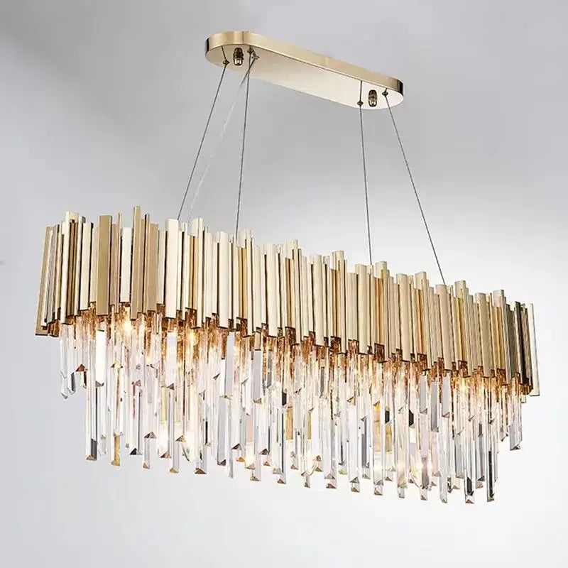 Modern decorbites crystal gold chandelier with rectangular frame and cascading clear crystal prisms for living room lighting
