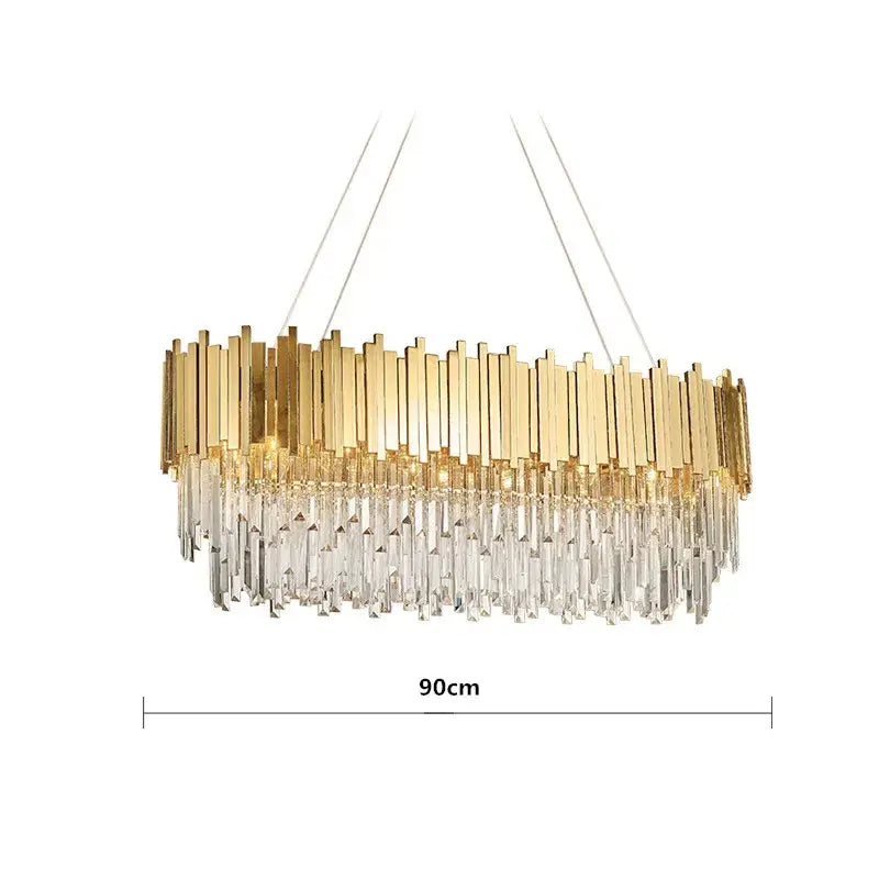 Modern decorbites crystal gold chandelier with vertical brass bars and cascading clear crystal prisms for living room lighting
