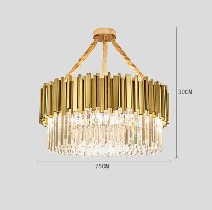 Modern decorbites crystal gold chandelier with vertical brass bars and cascading crystal prisms for living room lighting
