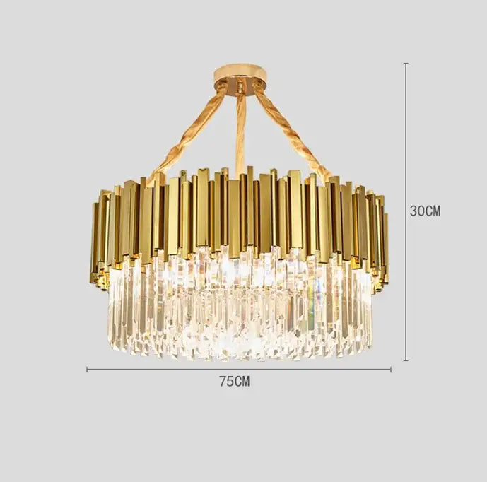 Modern decorbites crystal gold chandelier with vertical brass bars and cascading crystal prisms for living room lighting