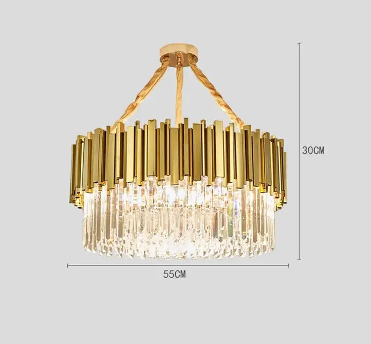 Modern decorbites crystal gold chandelier with vertical brass bars and cascading crystal prisms for living room lighting