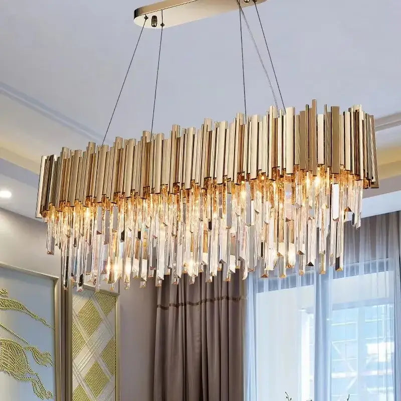 Modern decorbites crystal gold rectangular chandelier with cascading crystal prisms for living room lighting
