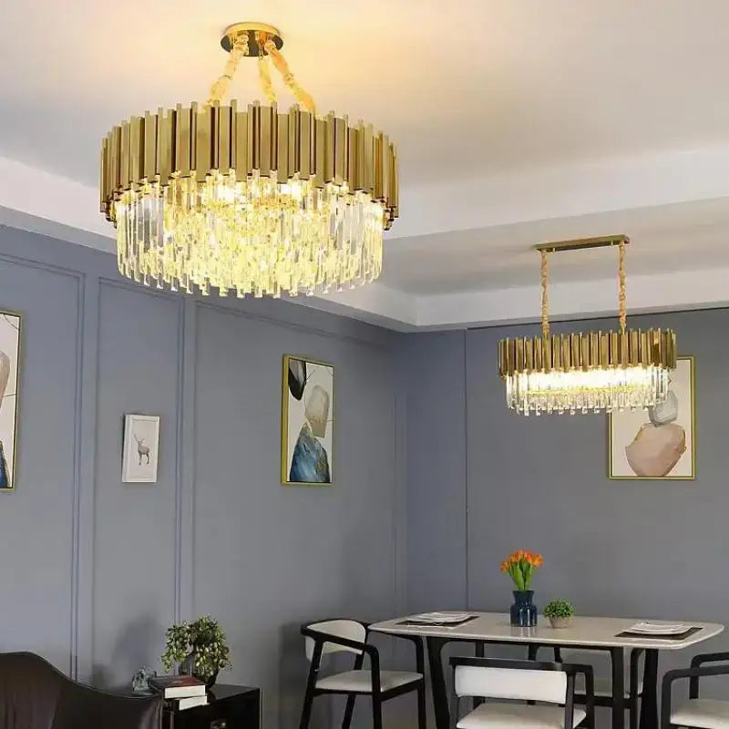 Modern decorbites crystal gold chandelier with vertical bar design and cascading crystal droplets for living room lighting