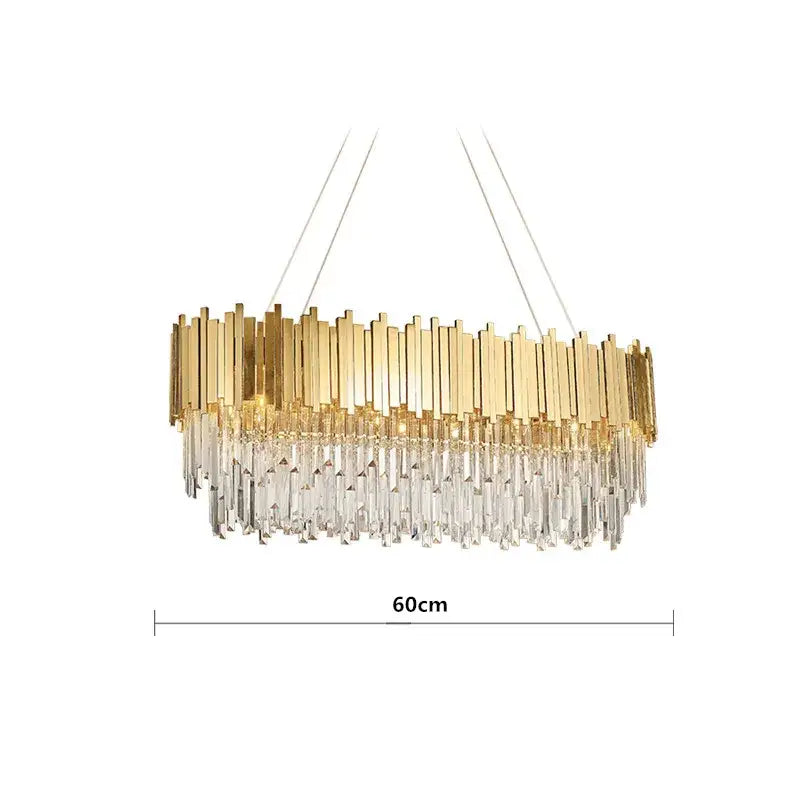 Modern decorbites crystal gold chandelier with vertical brass bars and cascading clear crystal prisms for living room lighting