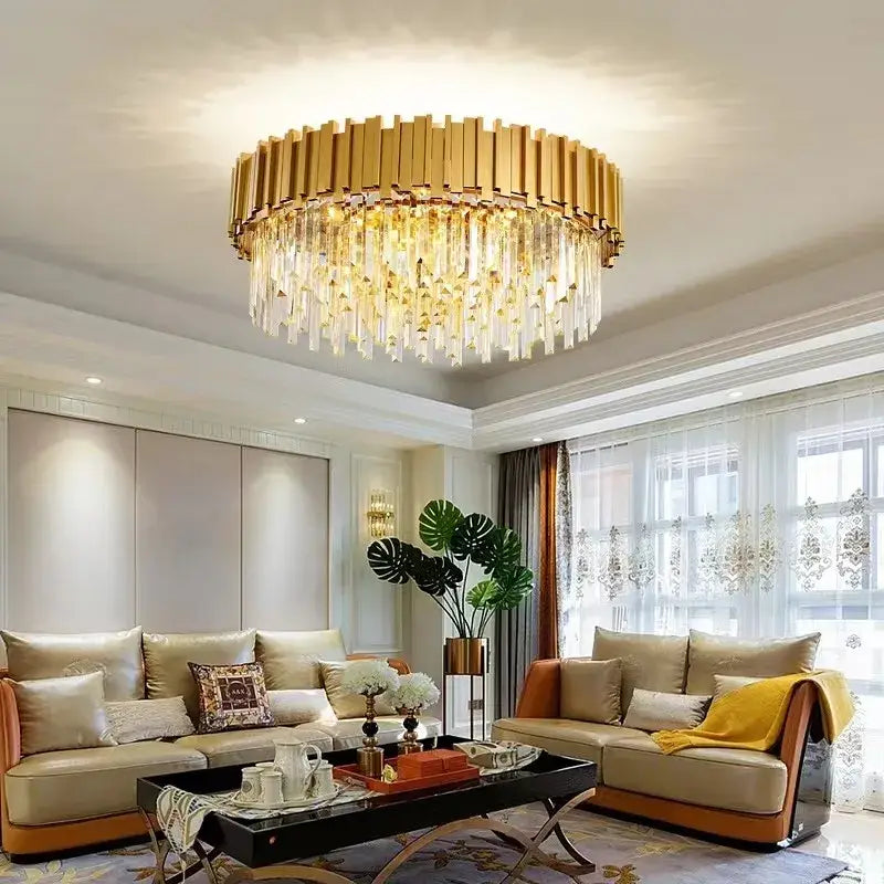 Modern decorbites crystal gold chandelier with vertical crystal prisms and hanging clear glass droplets for living room light