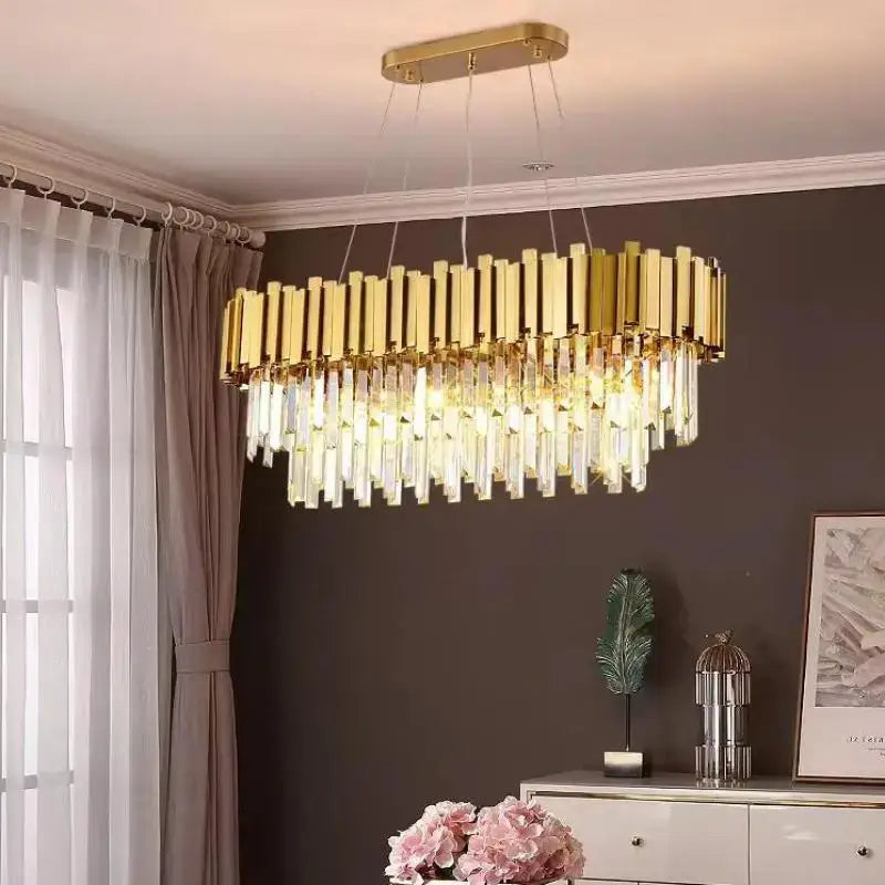 Modern decorbites crystal gold chandelier rectangular light with vertical crystal prisms and hanging glass droplets