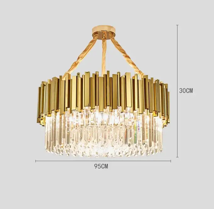 Modern decorbites crystal gold chandelier with vertical brass bars and cascading prisms for living room lighting