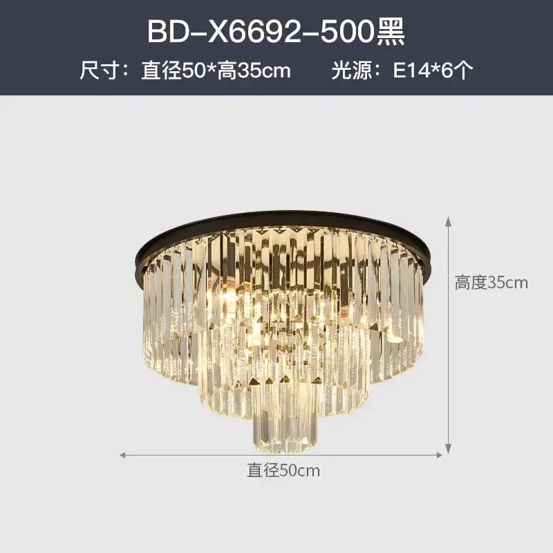 Black-framed modern decorbites crystal gold led chandelier with multiple tiers of clear crystal prisms for living room