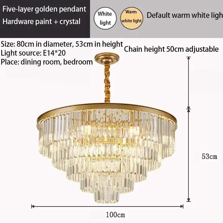 Elegant five-layer decorbites crystal gold pendant chandelier with warm white led lighting for modern living room decor