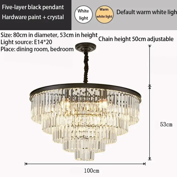 Elegant five-layer black pendant chandelier with cascading crystal tiers and adjustable chain for decorbites crystal gold led lighting