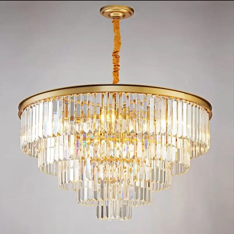 Modern decorbites crystal gold led chandelier with golden frame and cascading clear crystal prisms for living room