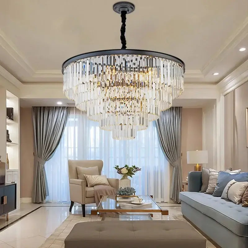 Modern decorbites crystal gold led chandelier with black metal frame and cascading glass prisms for living room