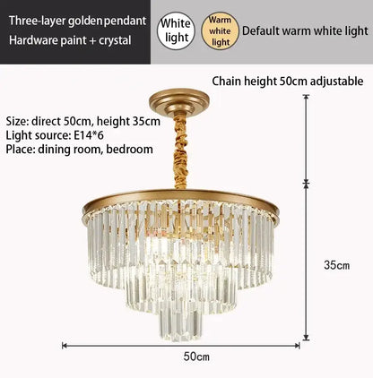 Modern decorbites crystal gold led chandelier with three-layer crystal rods and adjustable chain for living room lighting