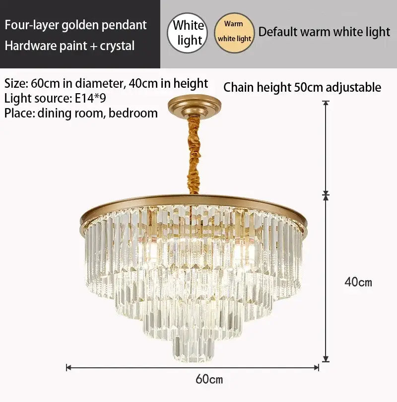 Elegant four-layer decorbites crystal gold multi-tiered chandelier with crystal rods and warm white led for dining room