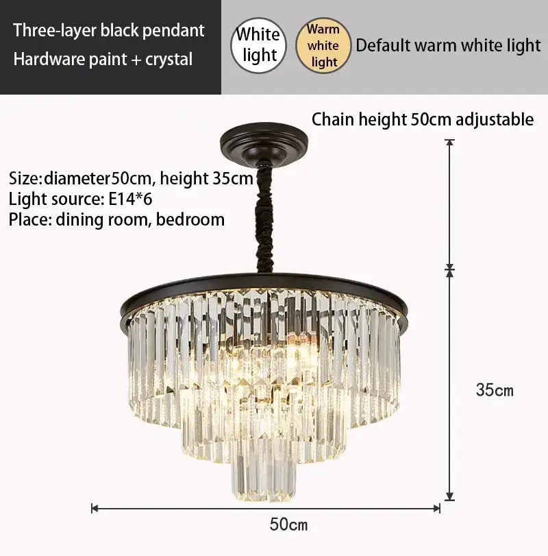 Black three-layer decorbites crystal gold pendant chandelier with crystal rods and warm white LED for dining room lighting