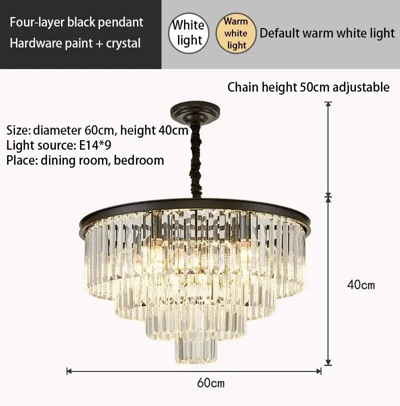 Modern decorbites crystal gold black four-layer pendant chandelier with crystal rods and adjustable chain height