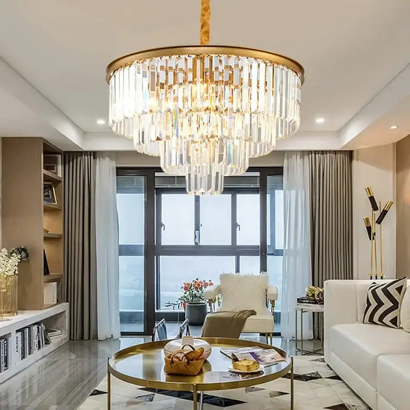 Modern decorbites crystal gold multi-tiered chandelier with a gold-finished frame and glass rods for dining room use