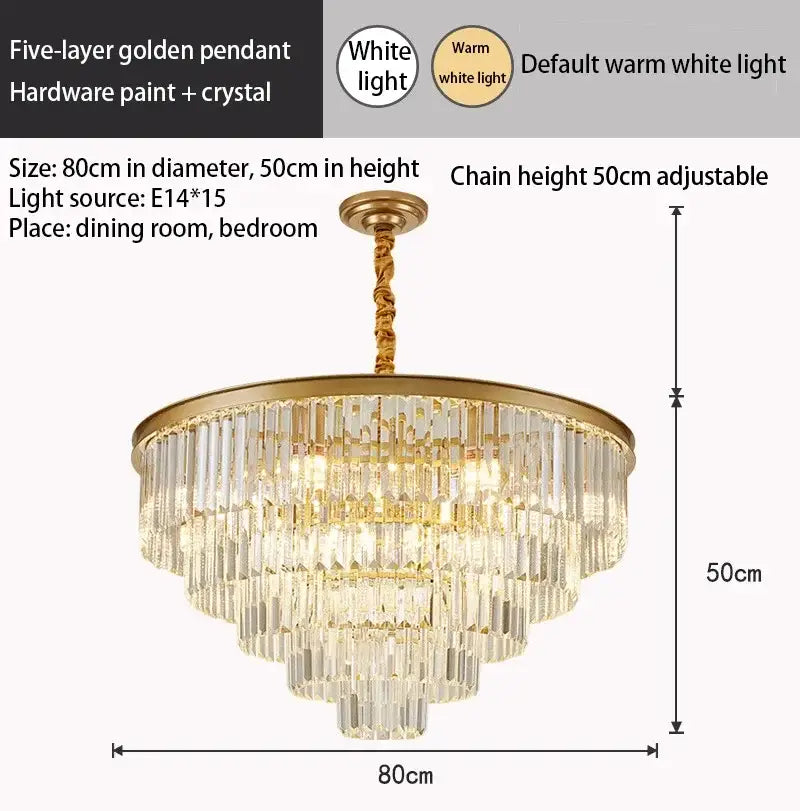 Elegant five-layer decorbites crystal gold pendant chandelier with adjustable chain and crystal accents for dining room lighting