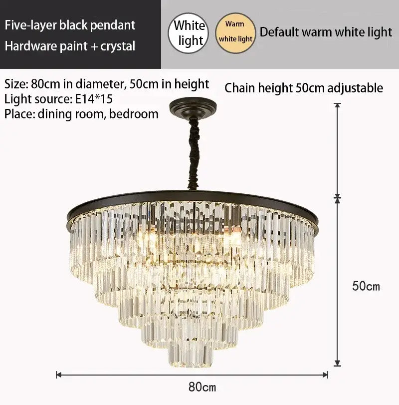 Elegant five-layer black pendant chandelier with decorbites crystal gold tiers and adjustable gold black led chain for dining room