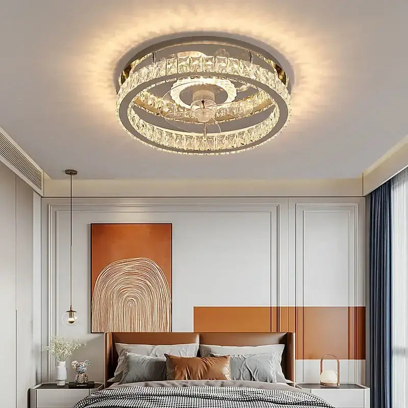 Modern decorbites crystal led ceiling fan with a circular crystal led ceiling light and metallic frame for bedroom use