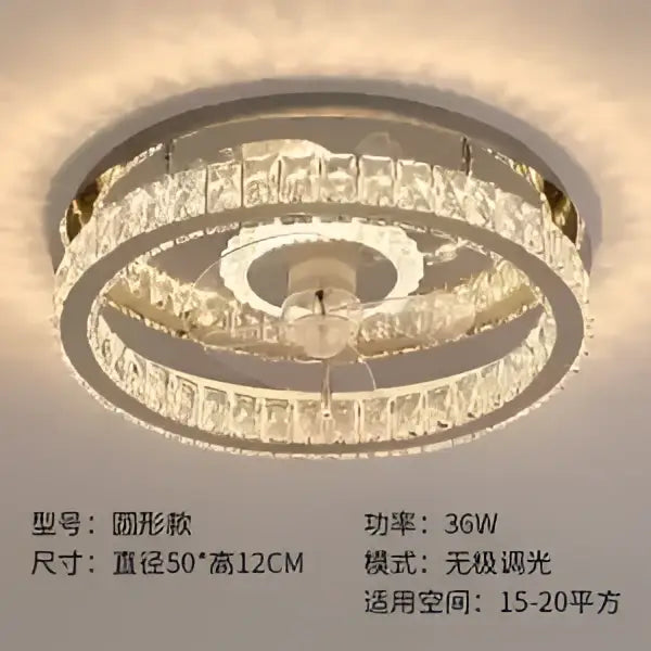 Modern decorbites crystal led ceiling fan with circular ceiling light featuring clear crystal rings and metallic finish