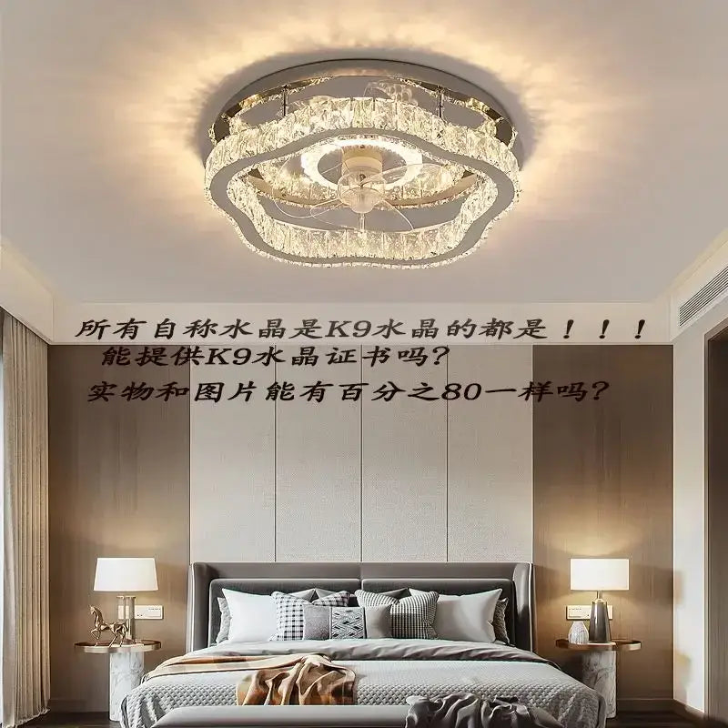 A modern decorbites crystal led ceiling fan with clear crystal tiers and central motor for bedroom lighting