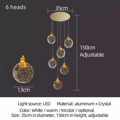 Modern decorbites crystal led chandelier with six spherical globes and gold aluminum fixtures for living room lighting