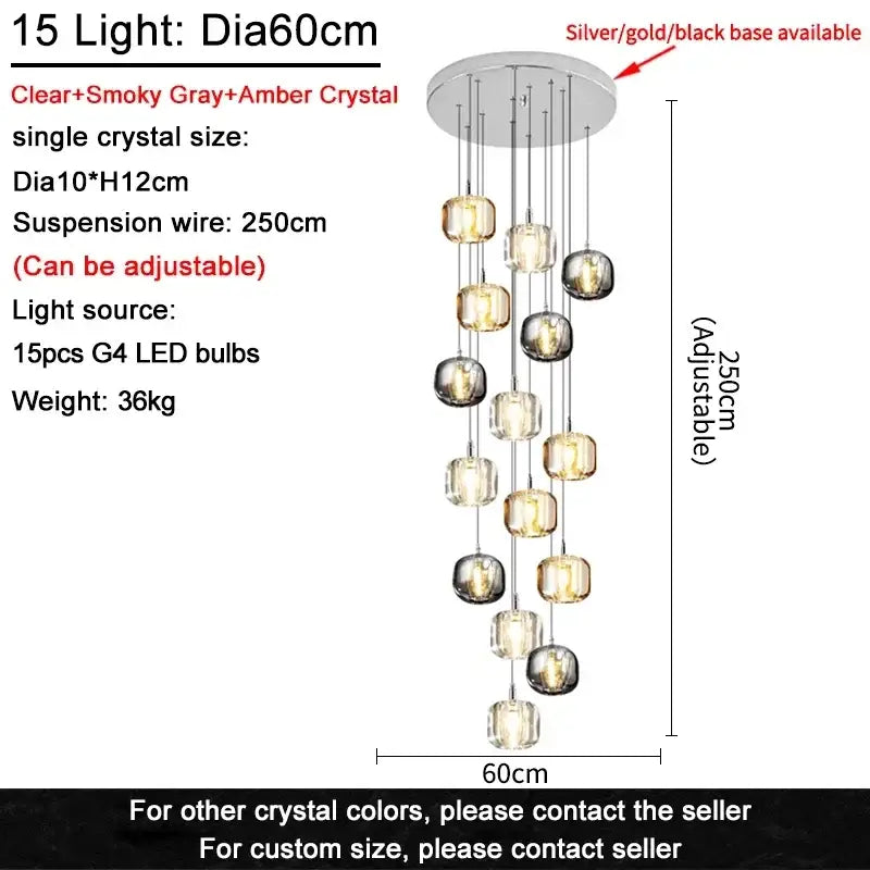 Modern decorbites crystal led chandelier with 15 clear smoky gray and amber crystal spheres for living room lighting
