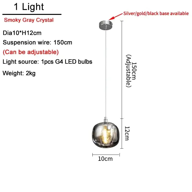 Smoky gray decorbites crystal led orb pendant light with sleek spherical glass shade and adjustable suspension wire