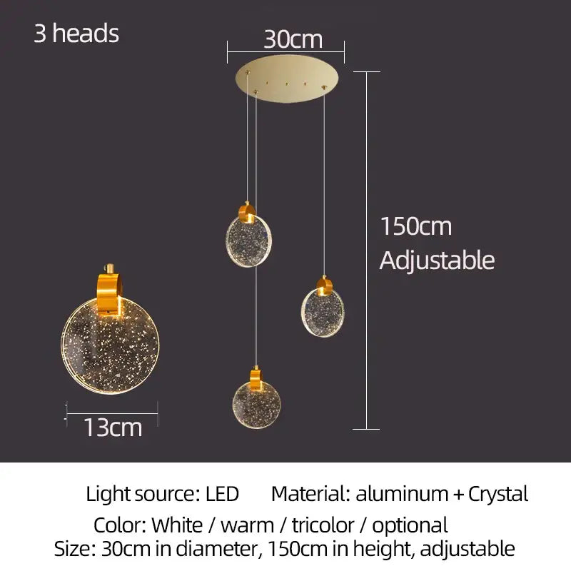 Gold-toned three-head decorbites crystal led chandelier with circular starry crystal globes and adjustable height for living rooms