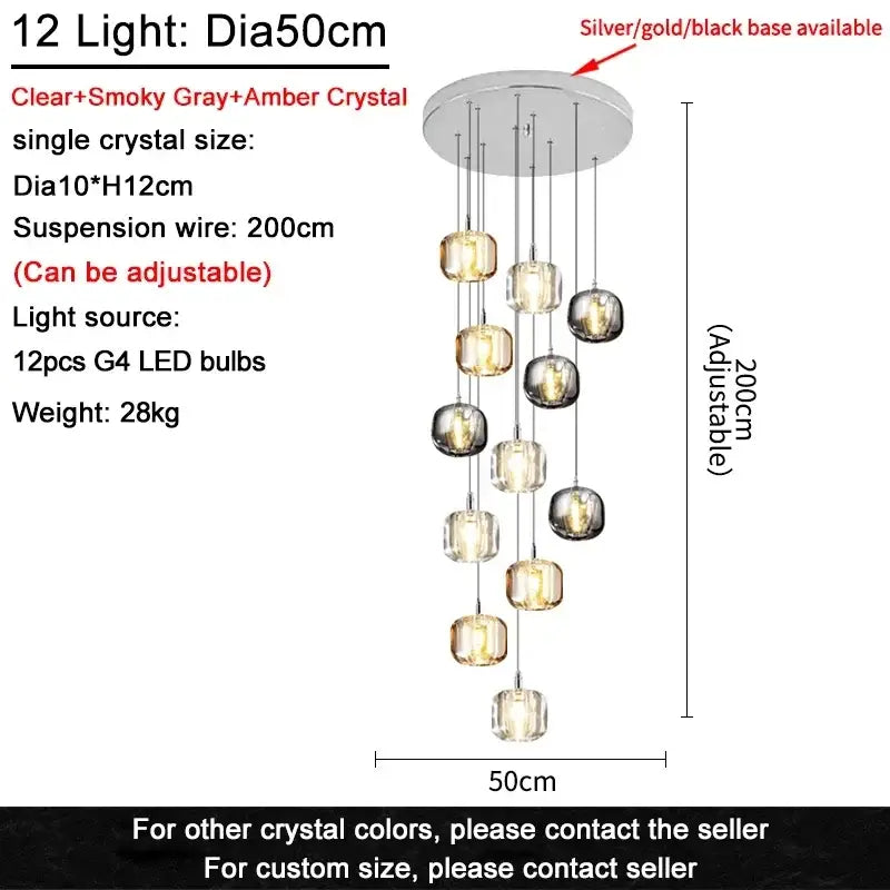 A modern decorbites crystal led chandelier with 12 clear smoky gray and amber crystal spheres for living room lighting
