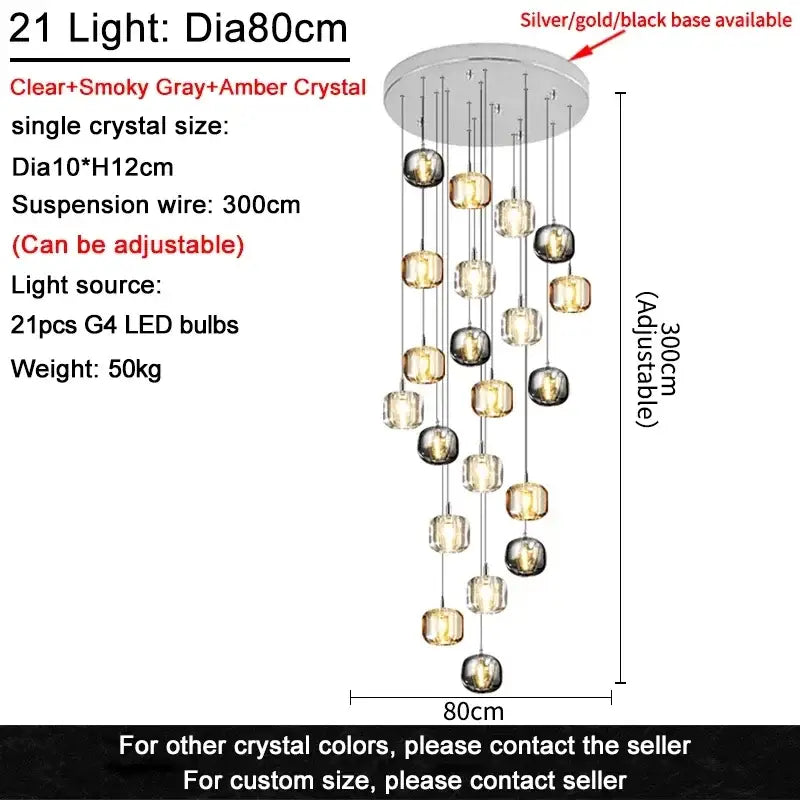 A modern decorbites crystal led chandelier with 21 clear smoky gray and amber glass spheres on silver base