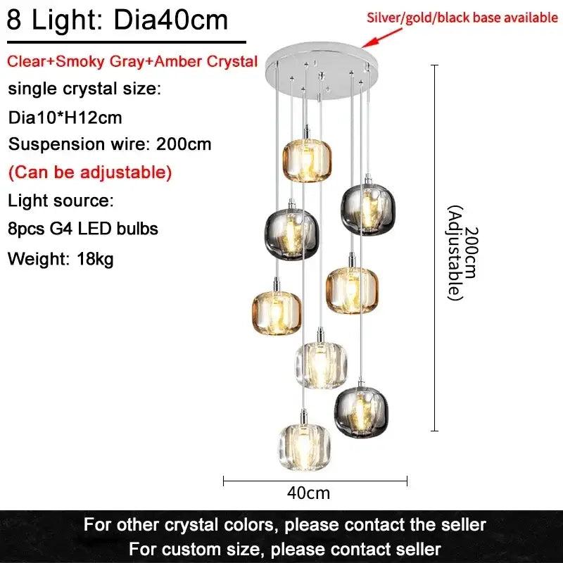Modern decorbites crystal led chandelier with seven hanging crystal spheres in clear smoky gray and amber hues for living room