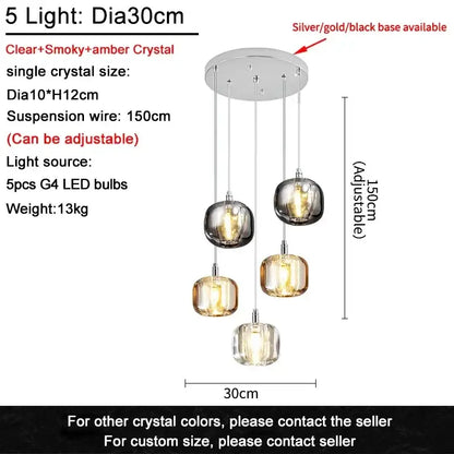 Modern decorbites crystal led five-light pendant chandelier with clear smoky and amber crystal globes for living room orb lighting