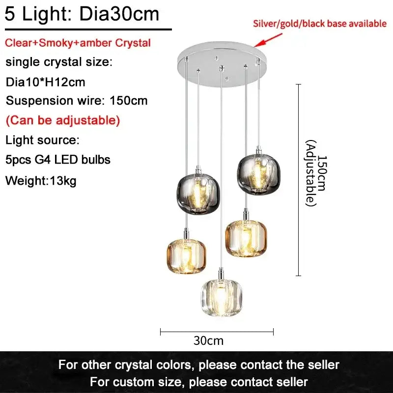 Modern decorbites crystal led five-light pendant chandelier with clear smoky and amber crystal globes for living room orb lighting
