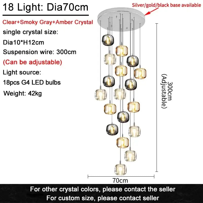 Modern decorbites crystal led chandelier with 18 clear smoky gray and amber crystal spheres for living room lighting