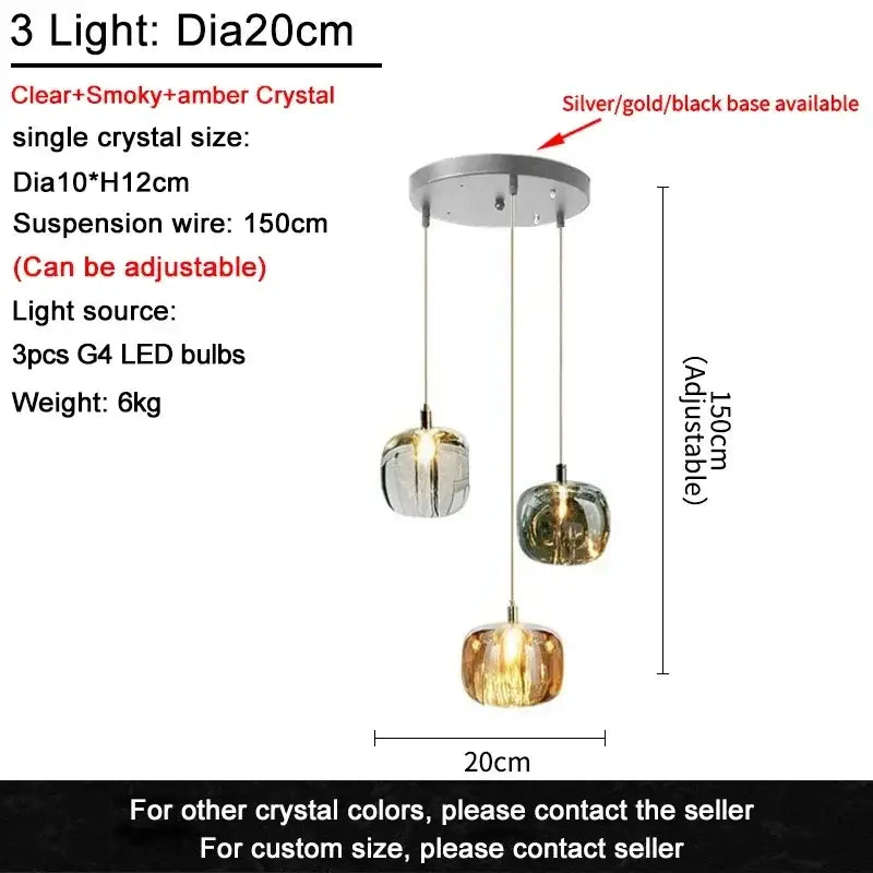 Modern decorbites crystal led three-light pendant with clear smoky amber globes and silver base for living room lighting