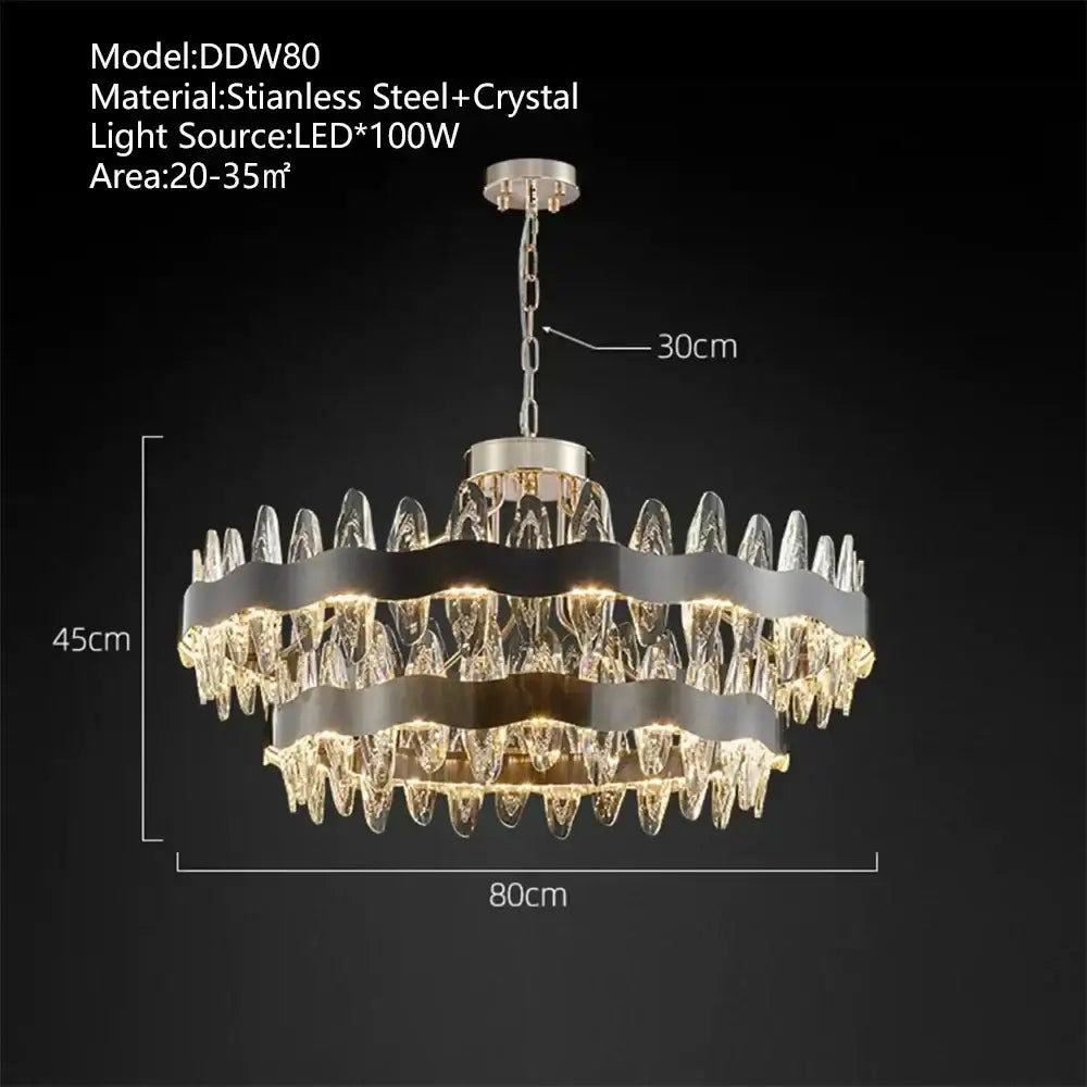 Modern decorbites crystal led chandelier with a stainless steel frame, clear crystal droplets, and black accent for living room