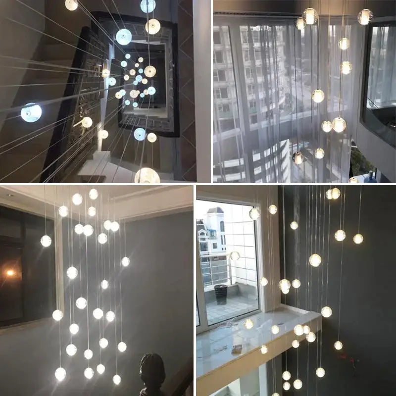 Modern decorbites crystal led chandelier featuring spherical frosted glass globes and thin cable suspension for living rooms