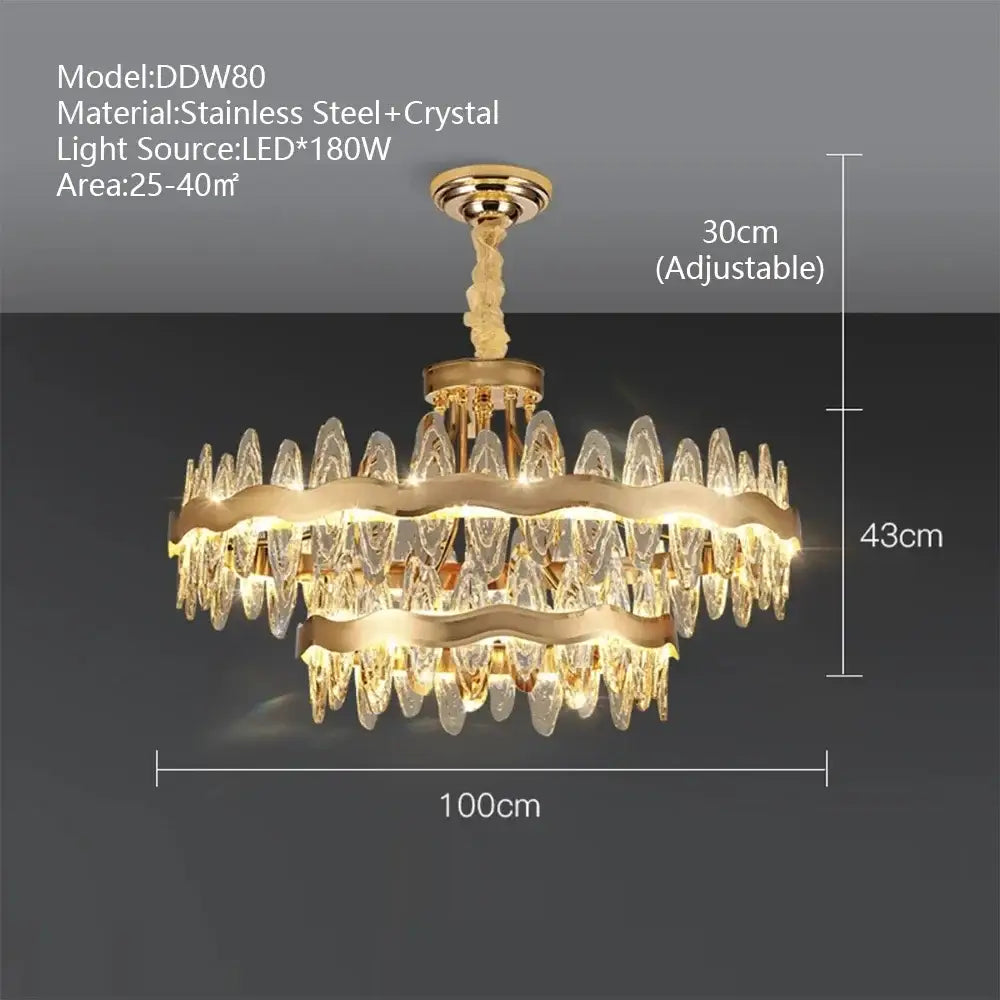 Modern decorbites crystal led chandelier in gold tone with cascading crystal droplets and stainless steel frame for living room