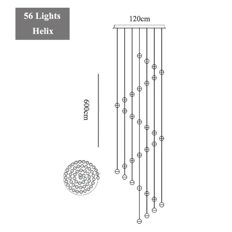 A modern decorbites crystal led chandelier with 56 lights and a sleek metallic helix frame for living room decor