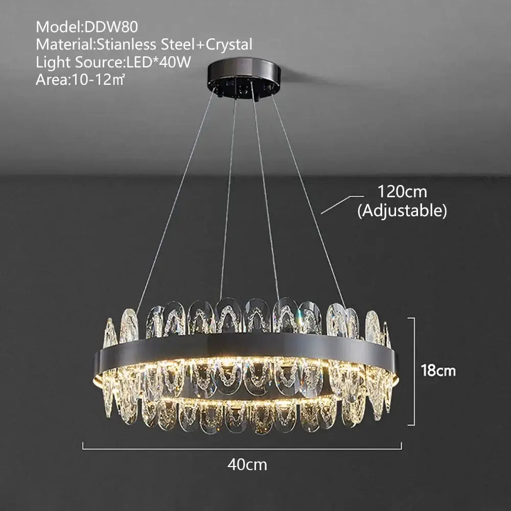 Modern decorbites crystal led chandelier with sleek black stainless steel frame and clear crystal droplets for living room