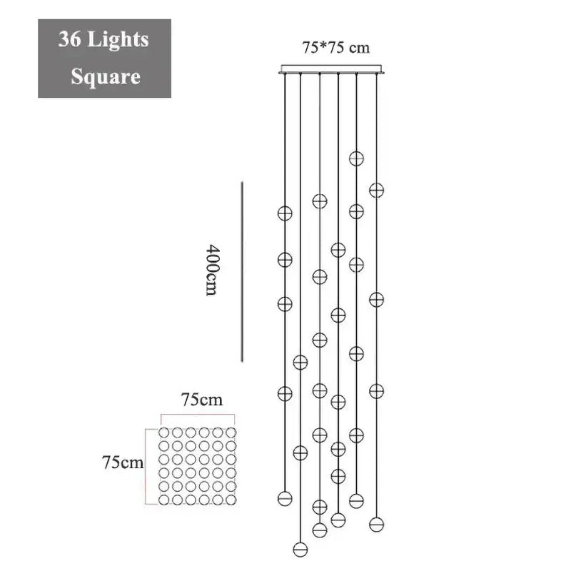 Modern decorbites crystal led 36-light square chandelier with circular pendant bulbs for living room lighting