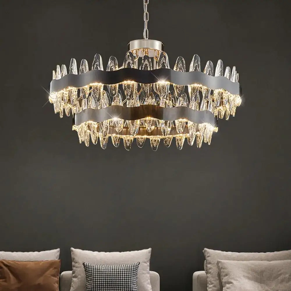 Modern decorbites crystal led chandelier with black metal bands and clear crystal droplets for living room lighting