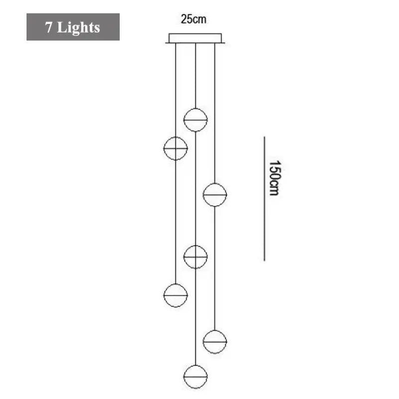 Modern decorbites crystal led pendant light with seven spherical bulbs in asymmetrical vertical line from 25cm mount