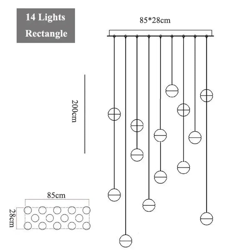 Modern decorbites crystal led rectangular pendant light fixture with 14 spherical bulbs in sleek metal frame for living room