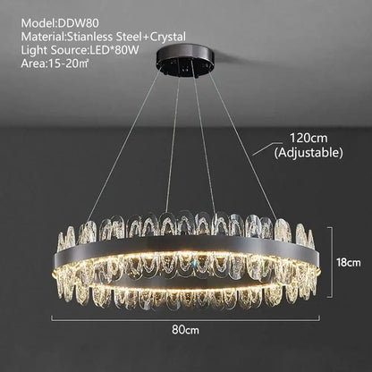 Modern decorbites crystal led chandelier with sleek black stainless steel frame and cascading clear crystal droplets for living room