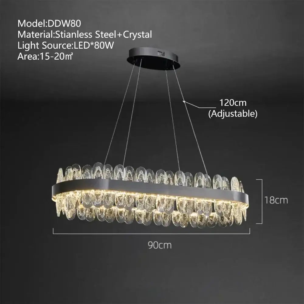 Modern decorbites crystal led oval chandelier with stainless steel frame and cascading crystal droplets for living room