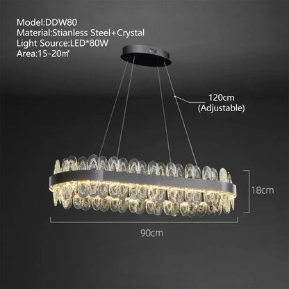 Modern decorbites crystal led oval chandelier with stainless steel frame and cascading crystal droplets for living room