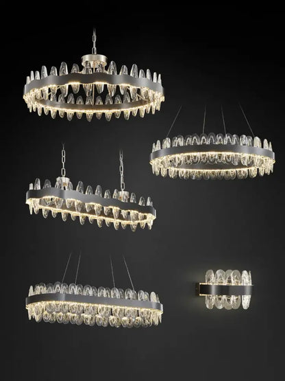 Modern decorbites crystal led chandelier with sleek metallic frame and cascading clear crystal droplets for living room use